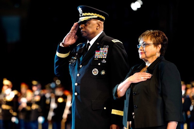 this photo shows Secretary of Defense Gen. Lloyd Austin at his retirement ceremony from the Army in 2016
