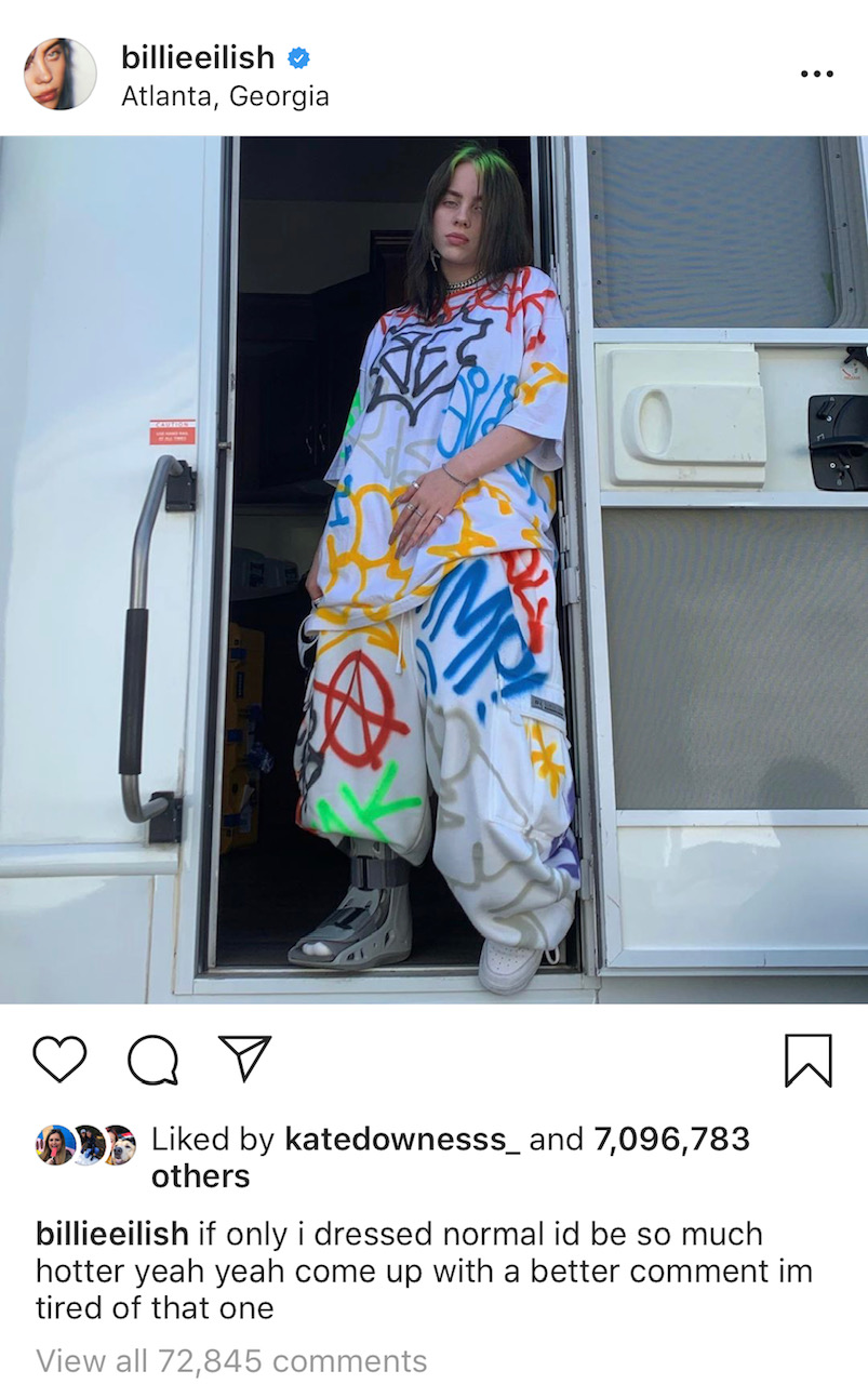 this photo shows Billie Eilish striking a pose with attitude as she works to raise awareness about climate change