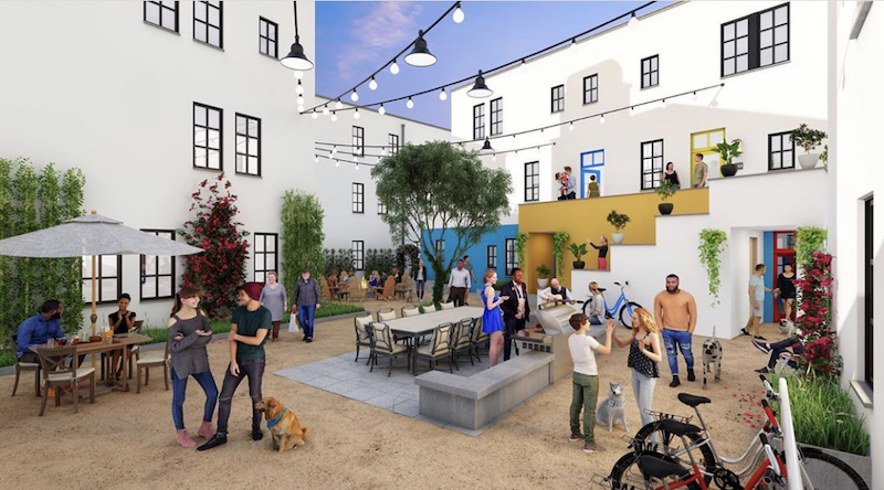 this is an artist's rendering of a plaza in Culdesac Tempe, a car-free community in Tempe, Arizona
