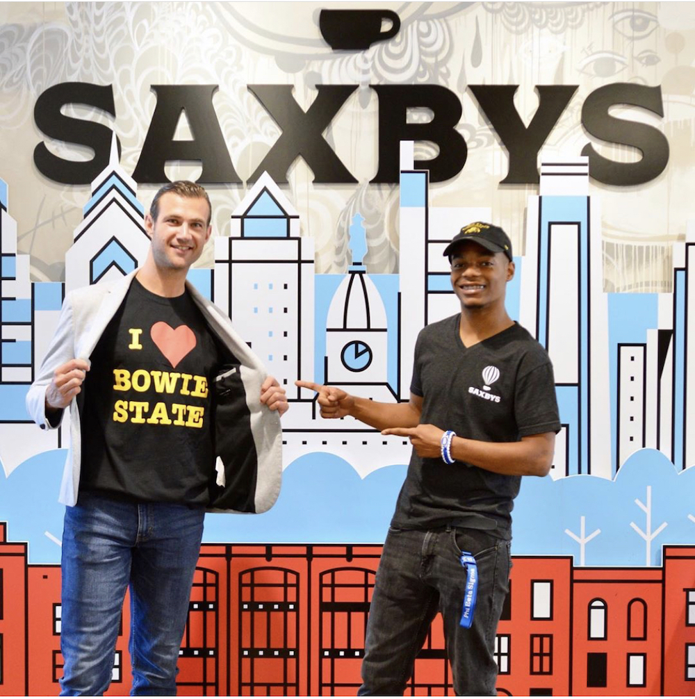 this photo shows Saxbys founder Nick Bayer with Devin Gallion at Bowie State University