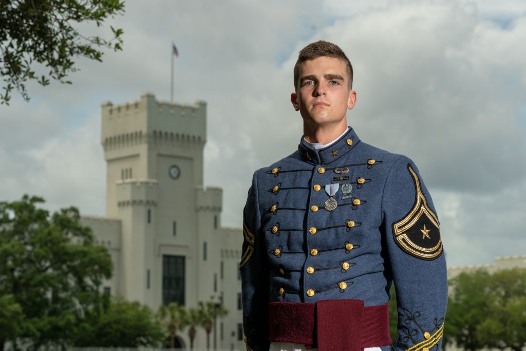 this photo shows Richard "Ben" Snyder of The Citadel looking very dignified in dress blue uniform