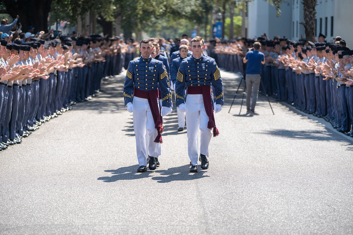 this photo shows Richard Ben Snyder marching in formation for The Citadel's Class Ring presentation