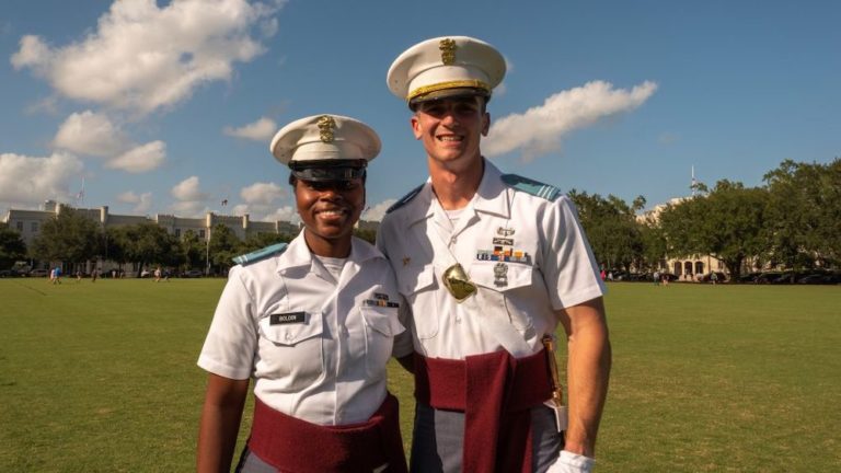 this photo shows Richard "Ben" Snyder of The Citadel with fellow cadet Ruby Bolden in their dress uniforms