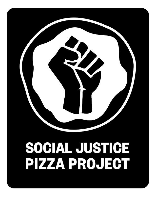 this photo shows the logo of the Social Justice Pizza Project, a clenched fist over a white background