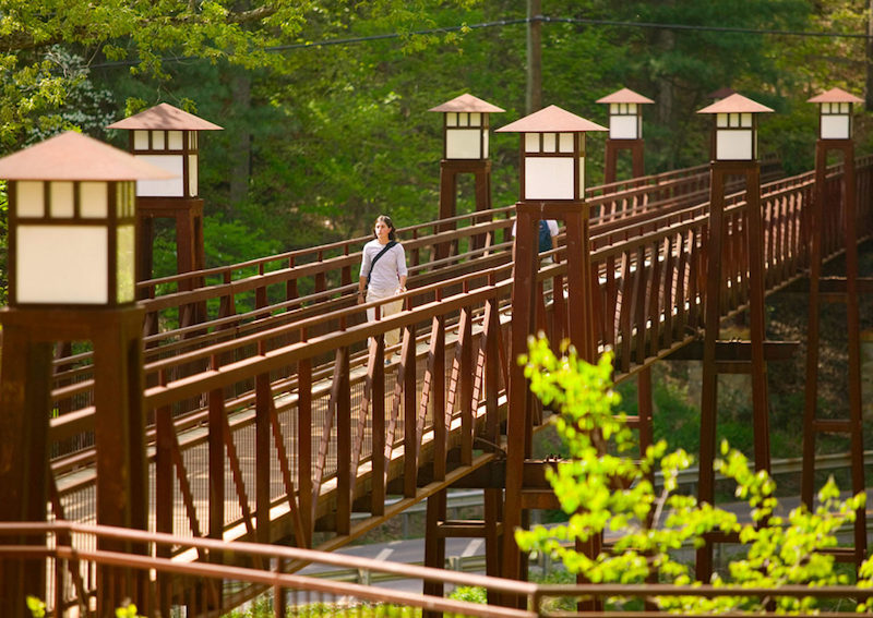 This photo shows a young woman walking across a beautiful bridge in a scenic area of Warren Wilson College, one of the country's top sustainable campuses.