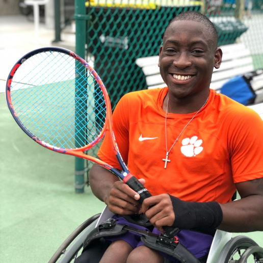this photo shows wheelchair tennis athlete Marsden Miller, a member of Clemson University's first adaptive sports team
