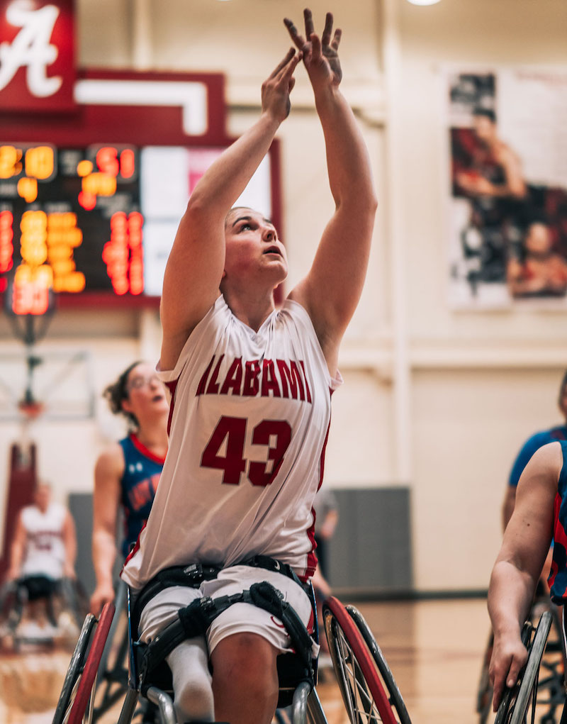 this photo shows women's wheelchair basketball athlete Bailey Moody of the University of Alabama