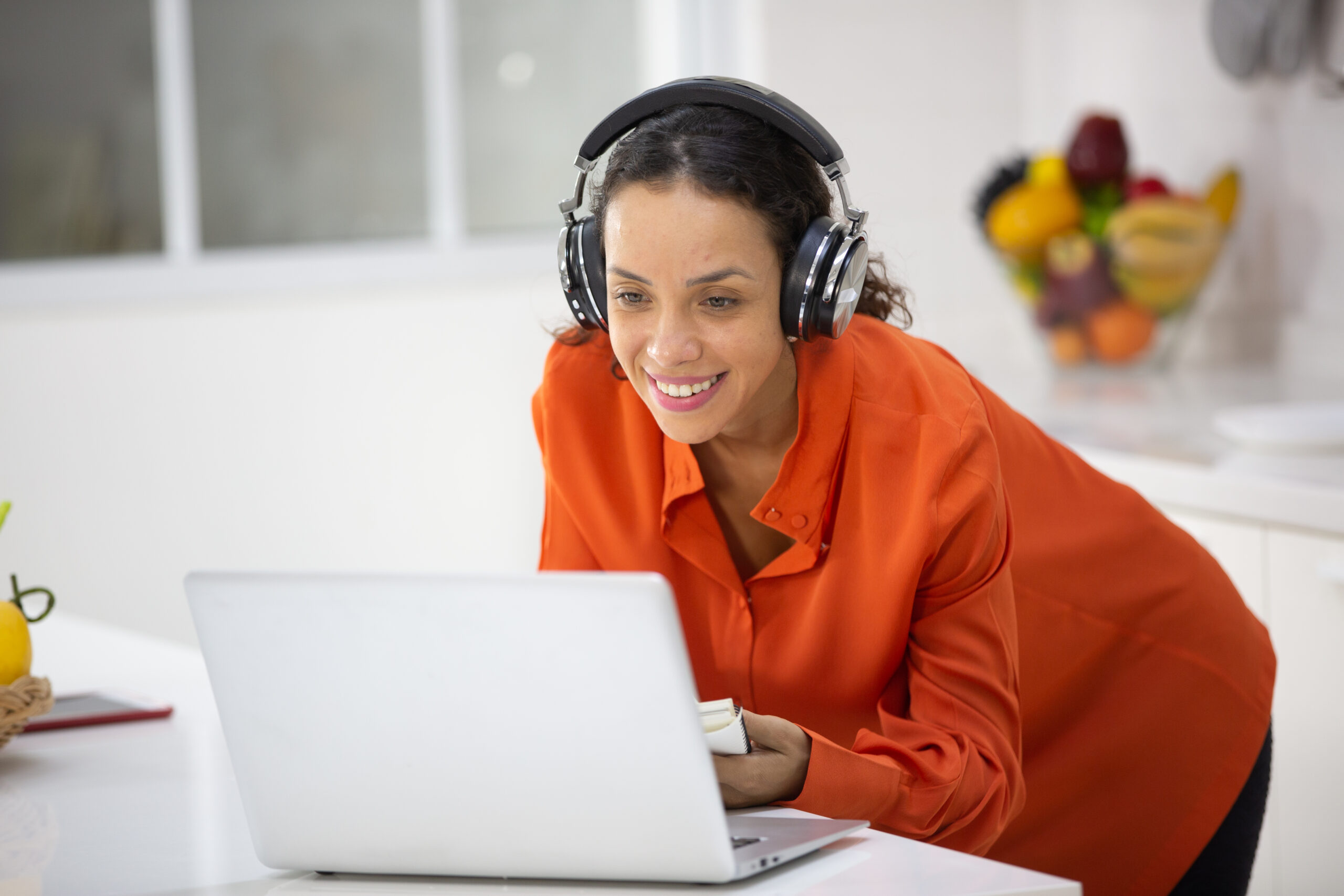 African American woman person using laptop computer to working in business at home