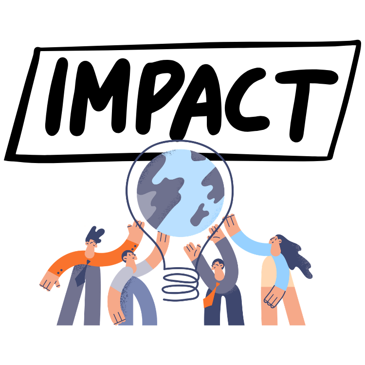 The word impact and people from around the world holding a lightbulb